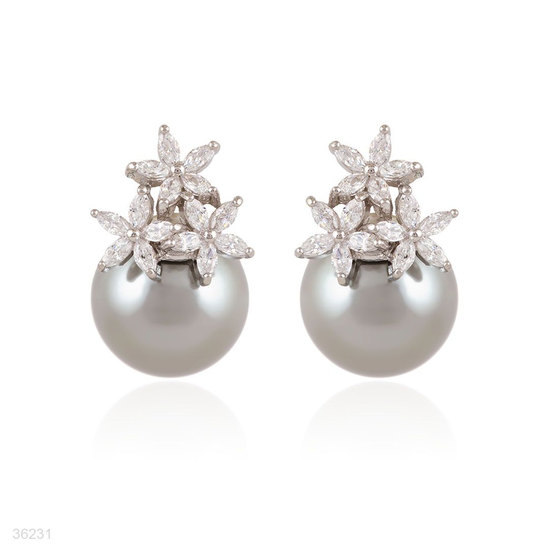 blossom cluster zircon silver earrings with gray pearl